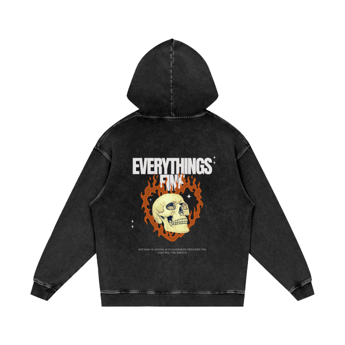 Burning Heart Acid Wash Oversize Hoodie - Everything's Fine
